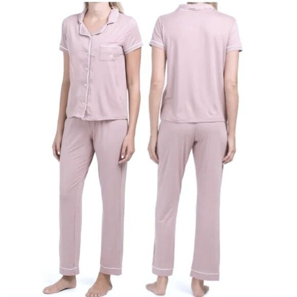 NEW Born Sleepwear Womens XL Pajama Set Pink Button Front Embroidered Collared - Picture 1 of 16